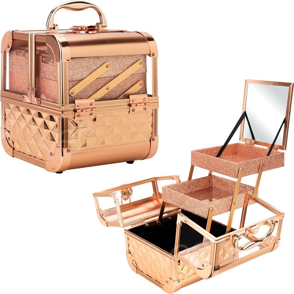 Cosmetics Makeup Train Case with Mirror Rose Gold Diamond Acrylic 2-Tiers Extend
